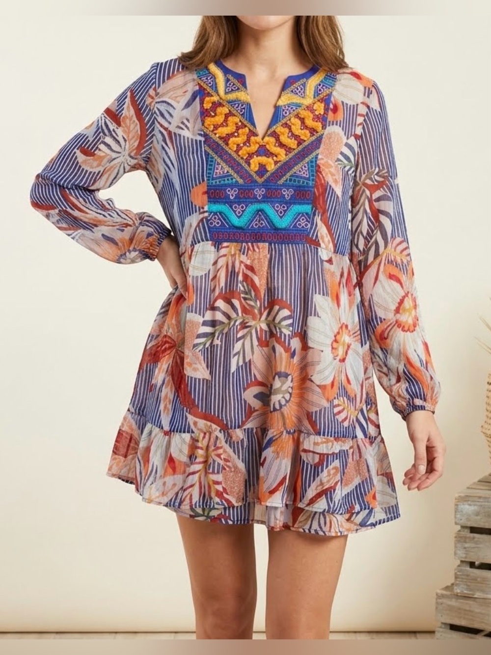 Soft Surroundings Tory Tunic Blue Floral Stripe Embroidered Boho Dress Size S